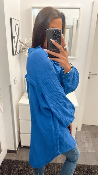 Lange Oversize Musselin Bluse in Royal Blau – Königliche Sophistication | MUSSELIN LIEBE