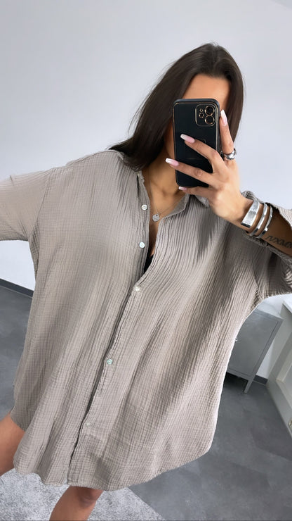 Lange Oversize Musselin Bluse in Schlamm – Erdige Eleganz | MUSSELIN LIEBE