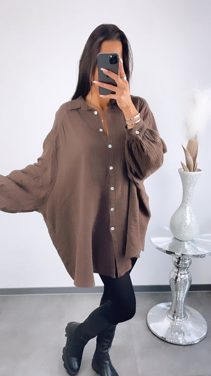 Lange Oversize Musselin Bluse in Schoko Braun – Edle Wärme | MUSSELIN LIEBE