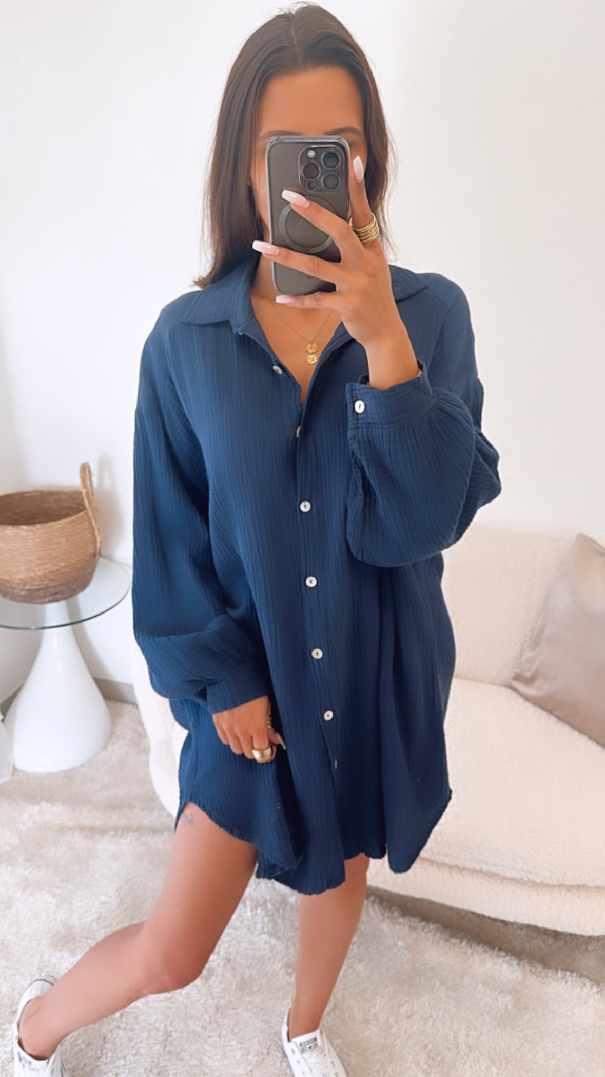 Lange Oversize Musselin Bluse in Dunkel Blau – Edle Sophistication | MUSSELIN LIEBE