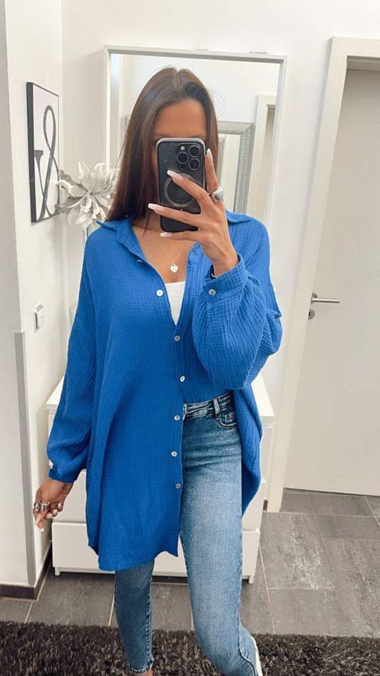 Lange Oversize Musselin Bluse in Royal Blau – Königliche Sophistication | MUSSELIN LIEBE