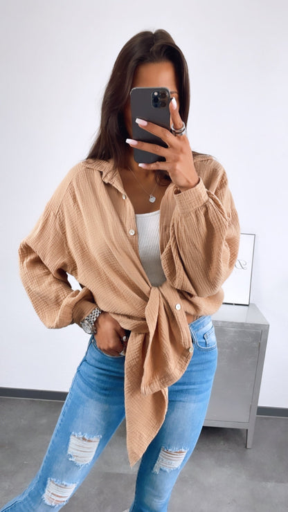 Lange Oversize Musselin Bluse in Kaffee Ton – Warme Eleganz | MUSSELIN LIEBE