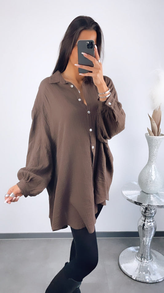 Lange Oversize Musselin Bluse in Schoko Braun – Edle Wärme | MUSSELIN LIEBE