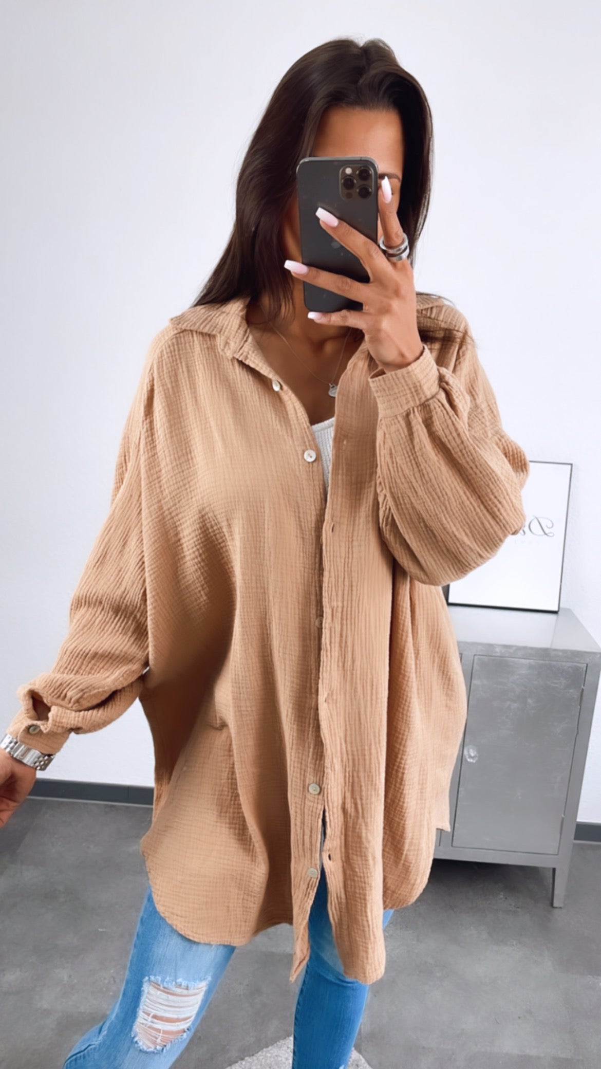 Lange Oversize Musselin Bluse in Kaffee Ton – Warme Eleganz | MUSSELIN LIEBE