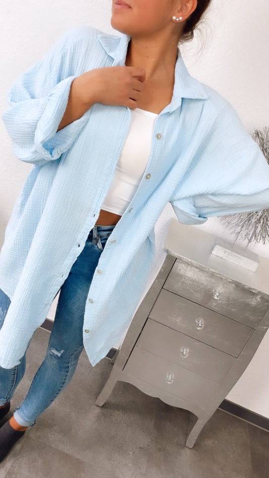 Lange Oversize Musselin Bluse in Hell Blau – Luftige Eleganz | MUSSELIN LIEBE