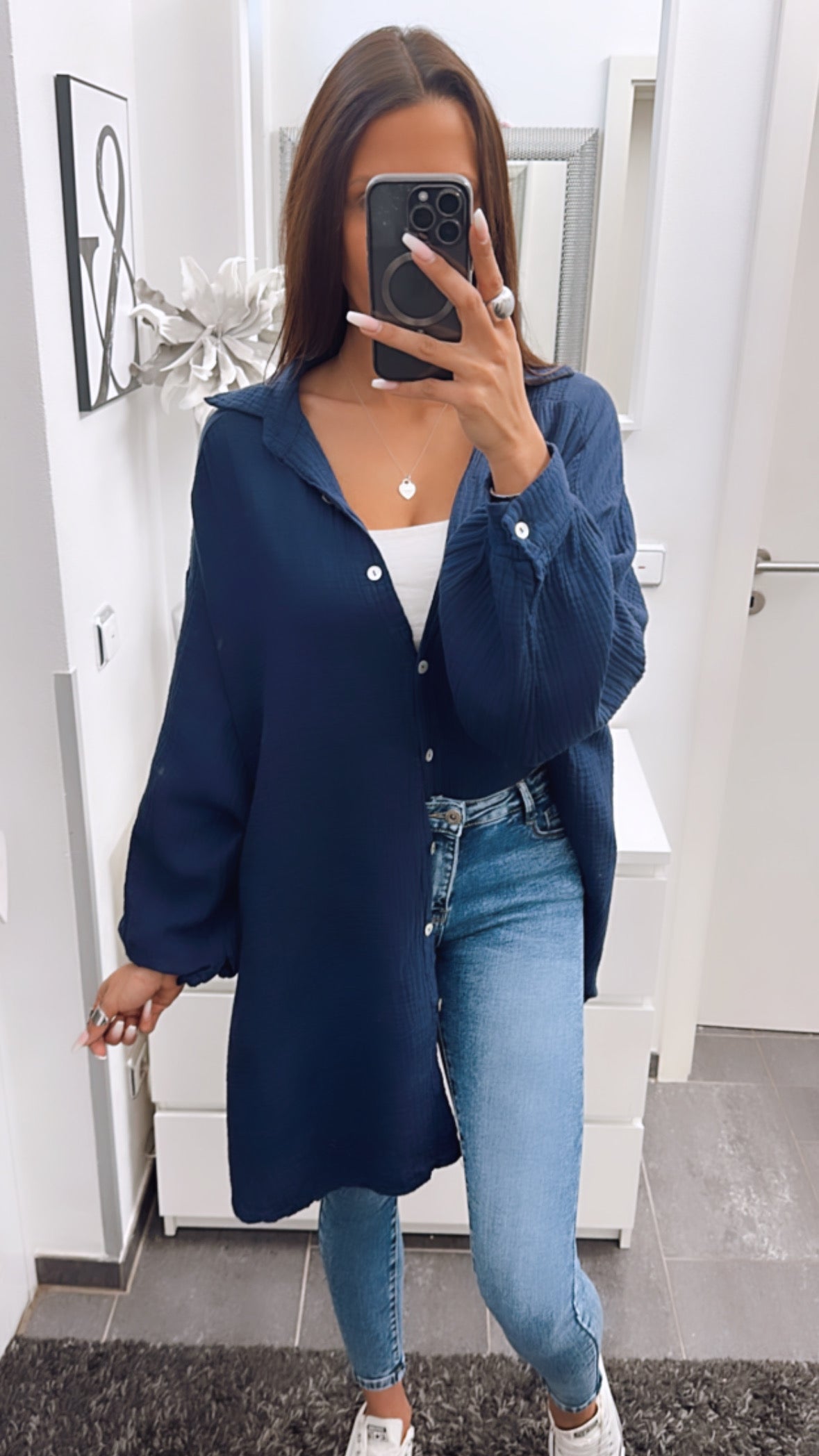 Lange Oversize Musselin Bluse in Dunkel Blau – Edle Sophistication | MUSSELIN LIEBE