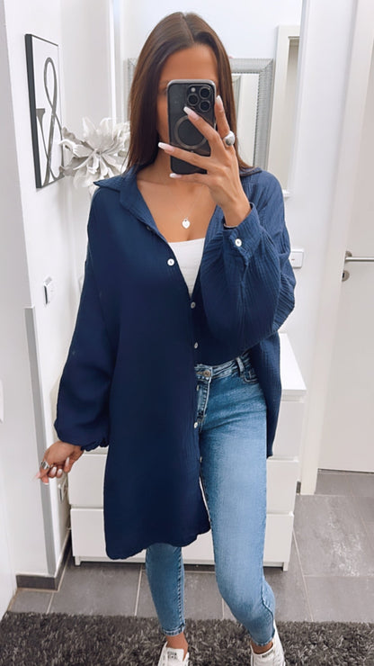 Lange Oversize Musselin Bluse in Dunkel Blau – Edle Sophistication | MUSSELIN LIEBE