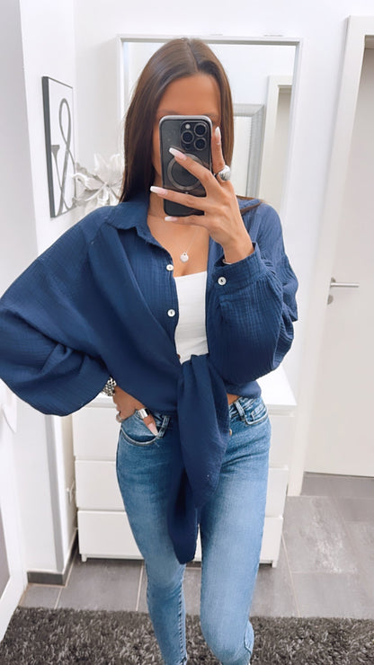Lange Oversize Musselin Bluse in Dunkel Blau – Edle Sophistication | MUSSELIN LIEBE