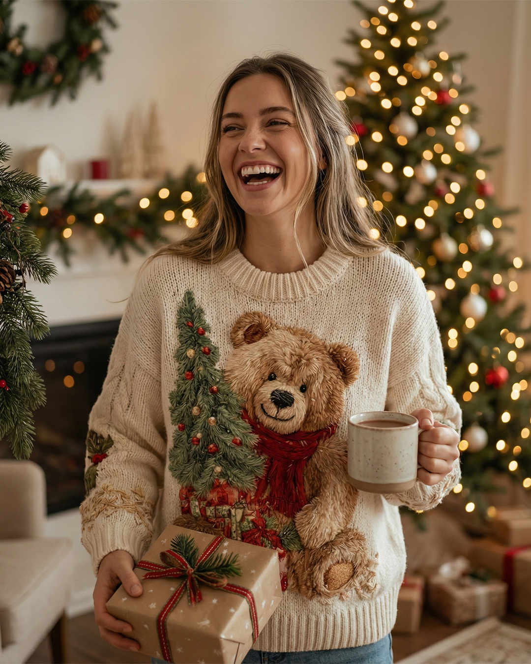 Weihnachtspullover mit Teddybär-Motiv - Wintertraum Strickpullover für Damen