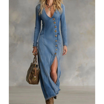 Langärmliges Maxikleid mit V-Ausschnitt – Elegant & Figurbetont | Salzburg Mode