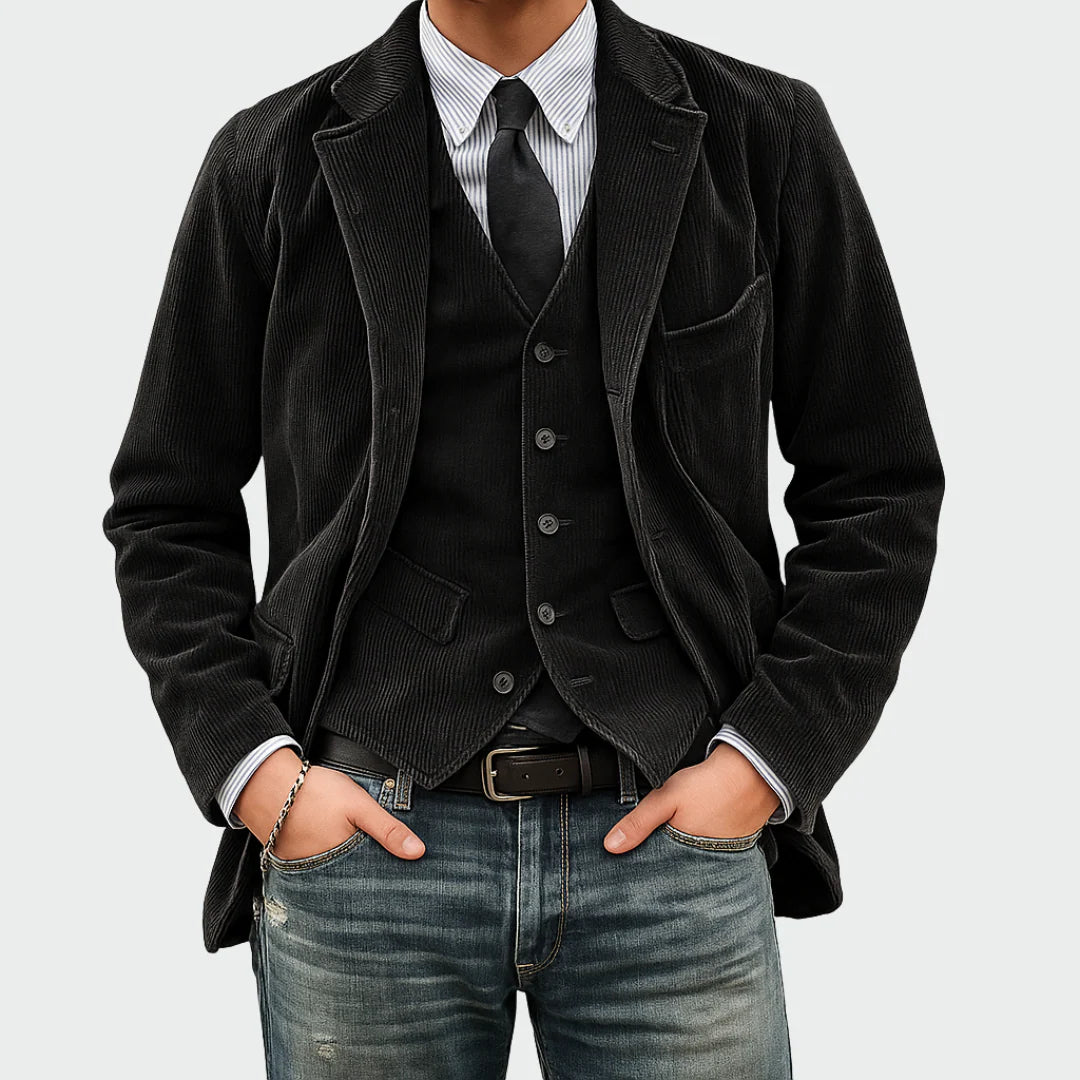 ADOLFO Vintage Herrenanzug-Jacke mit Weste – Exklusives Kastanienbraun