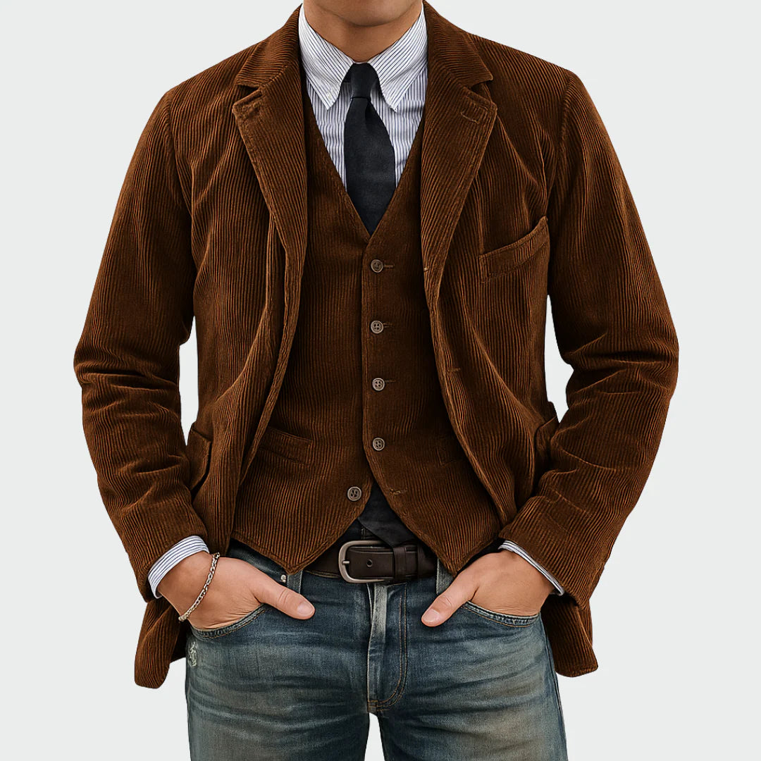 ADOLFO Vintage Herrenanzug-Jacke mit Weste – Exklusives Kastanienbraun